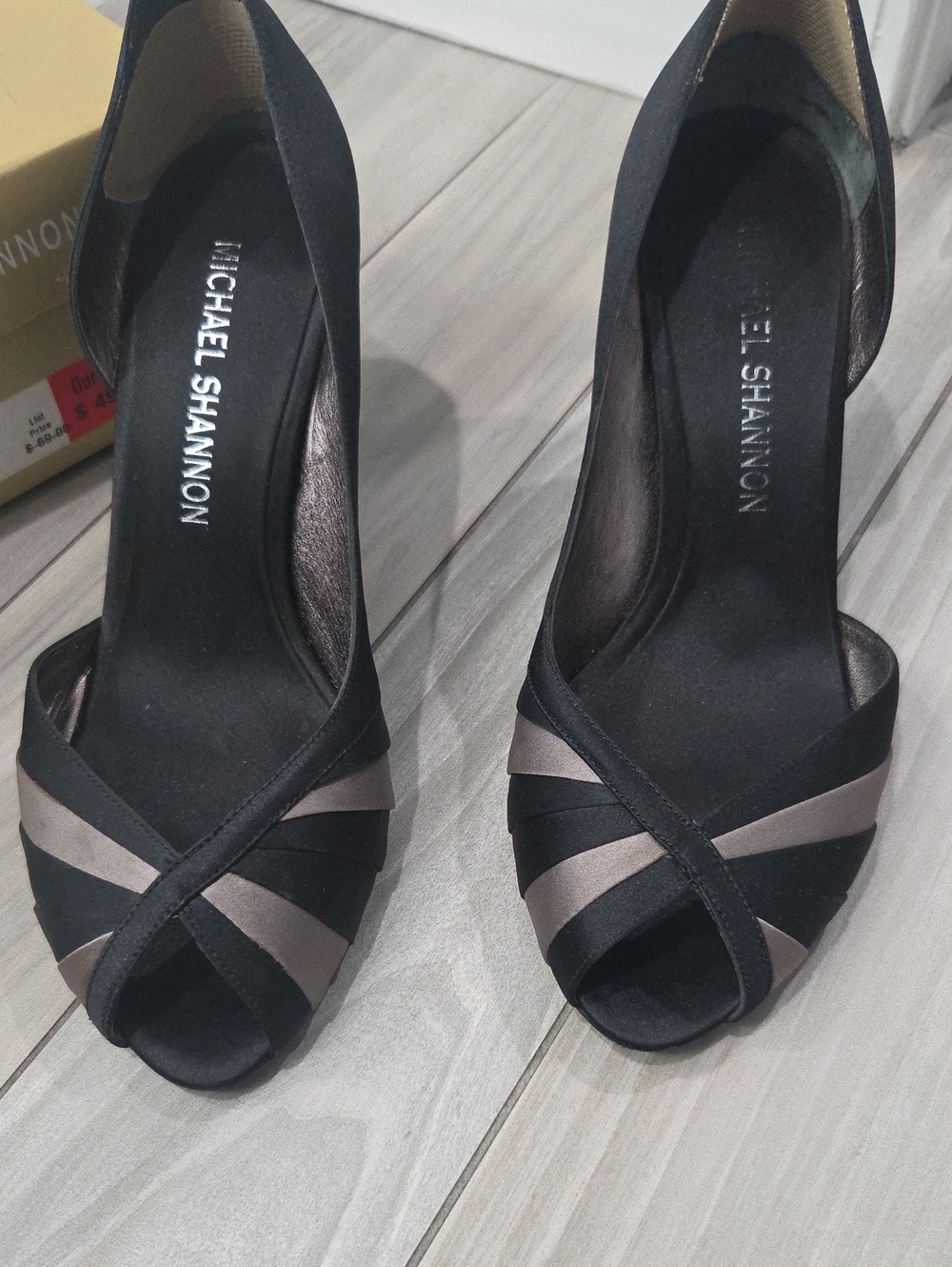 Michael Shannon Black and Taupe Satin Crisscross Peep-Toe Heels